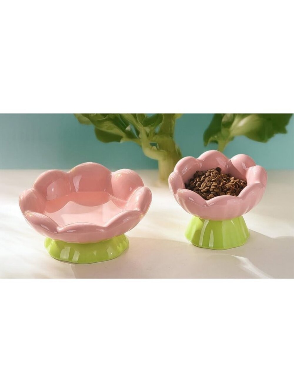 Elevated Ceramic Cat Bowls Set of 2 - Shallow, Tilted, Non-Slip, Anti-Vomiting
